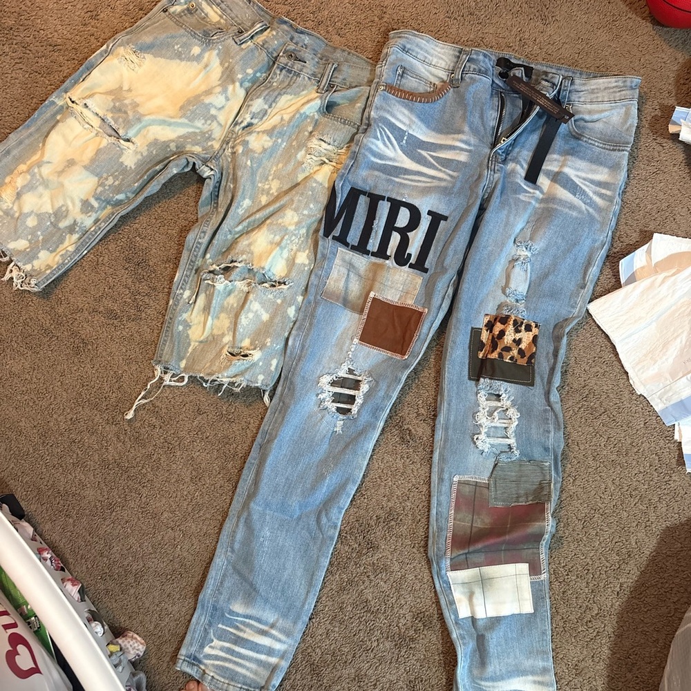 AMIRI Blue and Tan Distressed Jeans